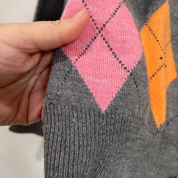 NY & Co Argyle Cardigan Gray Pink Orange Preppy Button Up Sweater Sz M - Picture 3 of 7